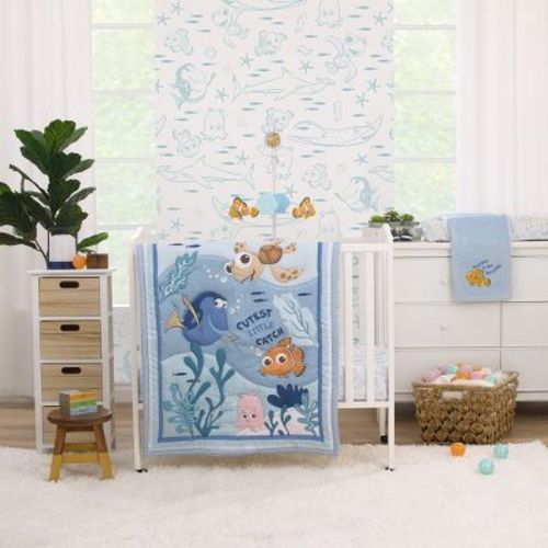Disney Finding Nemo Cutest Little Catch Light Blue, Orange, And Navy 3 Piece Nursery Mini Crib Bedding Set