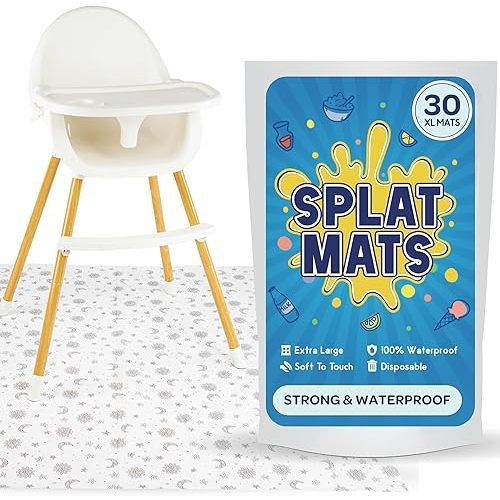 30 Pack Disposable Splat Mats by Eli with Love - Extra Large 49"x49" 100% Waterproof Baby Splat Mat for Under High Chair - Plastic Mat Liner for Floor - Protect from Spills (Moon & Stars, 30 Pack)
