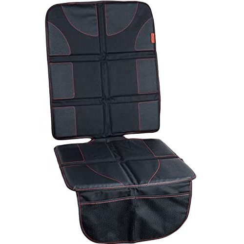 Lusso Gear Car Seat Protector for Baby Car Seat - Thick Padding, 2 Mesh Storage Pockets, Waterproof, Protects Fabric or Leather Seats, Non-Slip Padded Backing (Black with Red Stitching)