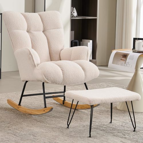 Rocking Chair Nursery, Teddy Upholstered Glider Rocker with High Backrest, Reading Chair Modern Rocking Accent Chairs,Glider Chair with Ottoman for Bedroom, Nursing, Living Room (Black)
