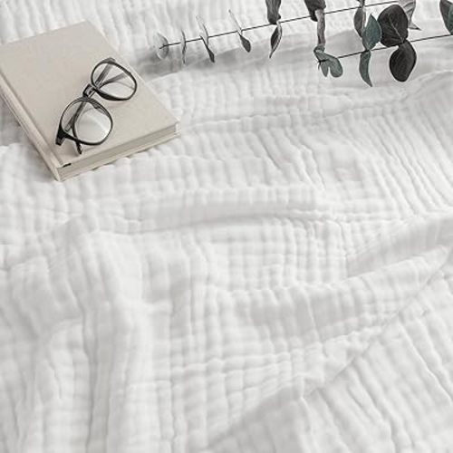 Comfy Cubs Muslin Throw Blanket - 50” x 60” Quilted Design - Lightweight, Breathable 6-Layer Gauze Fabric - Soft Cotton Blanket for Home or Travel - Packaged in Elegant Gift Box - White