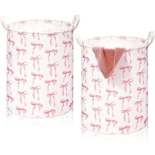 2 Pcs Pink Bow Laundry Basket Coquette Storage Basket for Girls Nursery Hamper with Handles Foldable Waterproof Collapsible Storage Bin Organizer for College Dorms Bedroom Bathroom