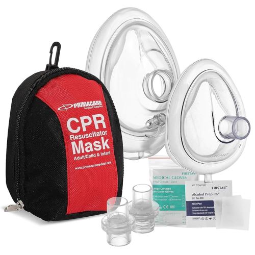 Primacare RS-6848 First Aid CPR Mask Combo Kit for Adult and Infant – Emergency Resuscitator Set with 2 Valves, Vinyl Gloves, Alcohol Prep Pads & Carrying Case Included
