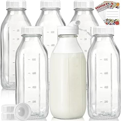 Liter Glass Milk Bottles w 100% Airtight Heavy Duty Screw Lid - 6 Pack 32 Oz Drinking Jars - Food Grade Glass Bottles for Milk, Honey, Jam - Dishwasher Safe(Extra 2 Lids and Stickers Included)