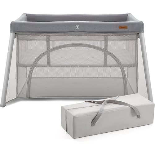 HARPPA Travel Crib with Comfy Mattress, Lightweight Portable Crib Requires No Assembly, Foldable Pack and Play for Baby and Toddlers, Compact Play Yard with Bed,Gray