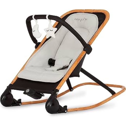 Dream on Me Rock with me 2-in-1 Rocker and Stationary Seat | Compact Portable Infant Rocker with Removable Toys Bar & Hanging Toys in Black & Grey