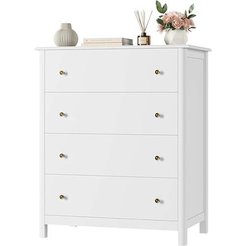 HOUSUIT White Dresser with 4 Drawers, Modern Chest of Drawers, 4 Drawer Dresser, Tall Wood Storage Cabinet for Living Room, Entryway, Hallway, Ivory White