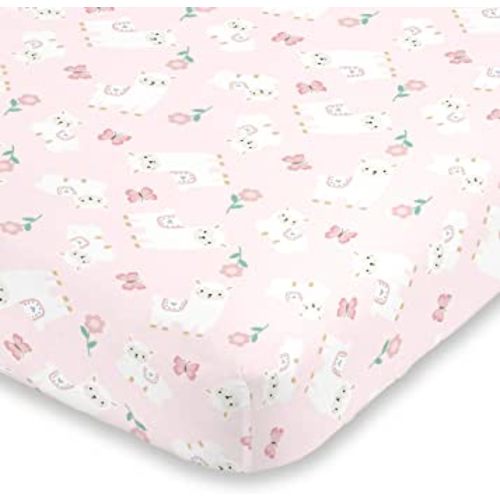 Little Love by NoJo Sweet Llama & Butterflies Floral Pink & White Super Soft Fitted Crib Sheet, Pink, Ivory, Lavender, Light Green