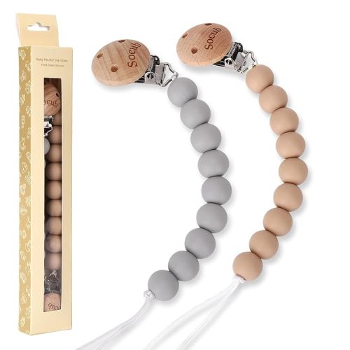 Socub Silicone Baby Pacifier Clip, Pacifier Holder Fit Any Brand Pacifier, BPA Free, Best Newborn Shower Gift for Boy and Girl (Sand, Light Grey)