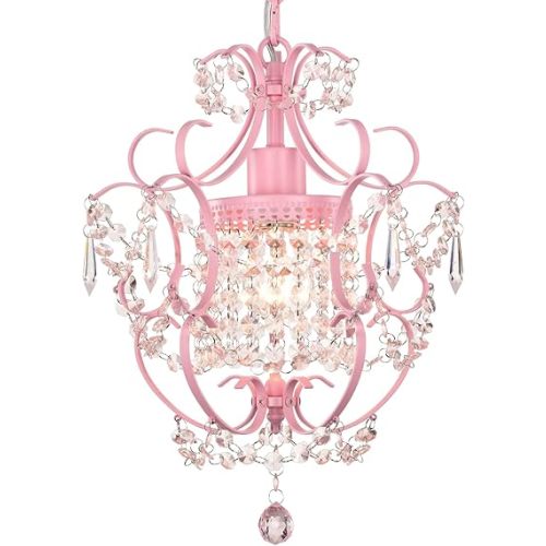 Pink Chandelier for Bedroom, 90% Pre-Assembled 1 Light Small Crystal Chandelier, Mini Acrylic Crystal Ceiling Light Fixture Charming for Girls Room, Closet, Bathroom, Entryway, Dining Room