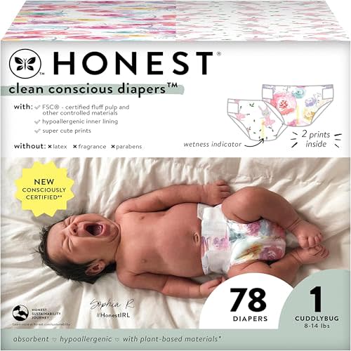 The Honest Company Clean Conscious Diapers | Plant-Based, Sustainable | Rose Blossom + Tutu Cute | Club Box, Size 1 (8-14 lbs), 78 Count