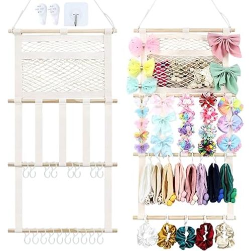 Cinaci Large Capacity Hair Bow Clip Headband Hair Accessories Holder Wall Hanging Storage Organizer for Baby Girl Nursery Room Decor (Ivory B)