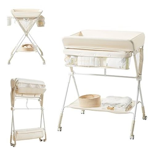 KUB Diaper Changing Table, Portable Baby Changing Table with Wheels, Folding Toddler Changing Table with 3-Level Adjustable Height, Portable Changing Table with Storage Oatmeal