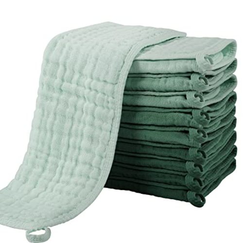 Yoofoss Muslin Burp Cloths for Baby 10 Pack 100% Cotton Baby Washcloths for Boys Girls Large 20''X10'' Super Soft and Absorbent Gradient Green