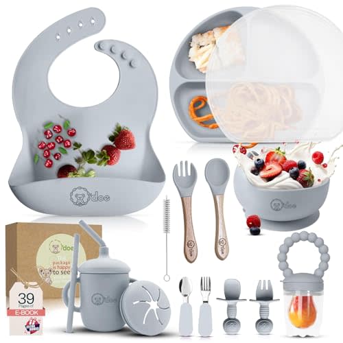 O'doe™ Silicone Baby Feeding Set, 17-Piece Baby Weaning Set BPA-Free | Thick & Soft Suction Plates, Baby Bowls, Wooden Fork & Spoon, and More, Make Mealtime Fun and Easy