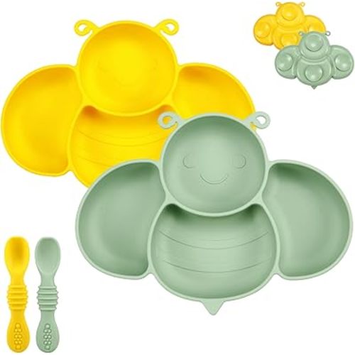 PandaEar 2 Pack Silicone Suction Plates for Baby, Divided Unbreakable Toddler Plate with 2 Pack Spoons for Self Feeding, Babies Utensils Feeding Set Baby Eating Supplies, Bee Shape, Yellow&Green