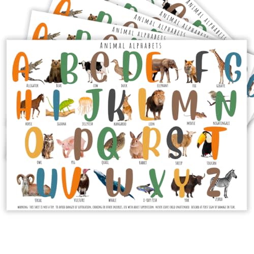 40 Pack Disposable Placemats for Baby & Toddler, Sticky Placemats on Restaurant Table, Alphabet with Real Animal Graphics, 12"x18" Table Mats for Solid Feeding, Travel, Party, Animal Alphabet Theme