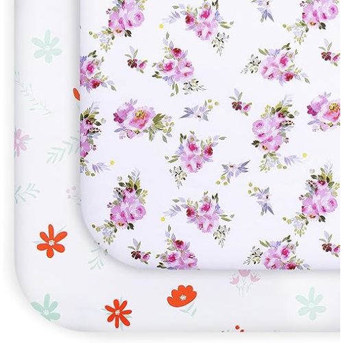 Pack and Play Sheets Girl Red Floral, Compatible with Graco Pack and Play