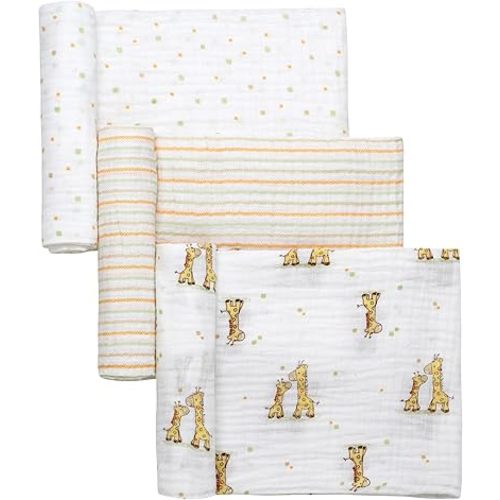 3 Pack Cotton Muslin Swaddle Blankets for Baby, 40" x 36", Lightweight, Breathable, Multicolored Print, (Little Me Giraffe)
