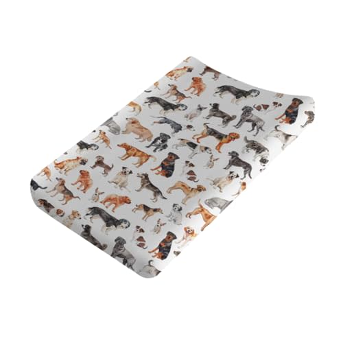 Watercolor Dogs Baby Changing Table Pad Covers for Boy Girl 32''x16'' Dog Breeds Unisex Fitted Changing Table Sheets Dogs Lovers Gift Comfort Soft Breathable Baby Diaper Changing Table Mats