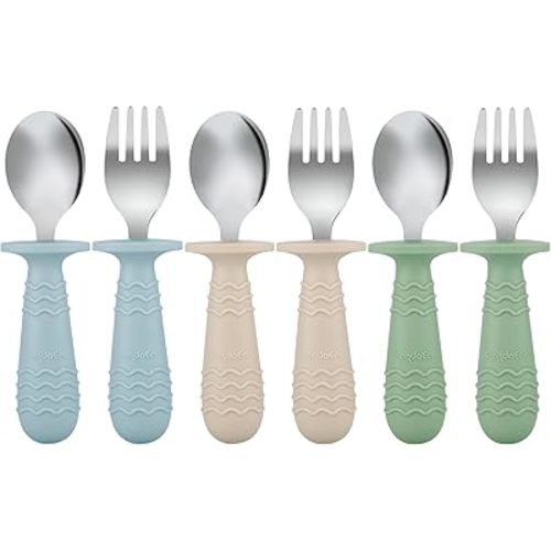 PandaEar 6 Pieces Baby Toddler Silicone Stainless Steel Utensils Silverware Spoon Fork for Baby Toddler BPA Free with Silicone Holding Anti-Choke Design (Blue Green Beige)