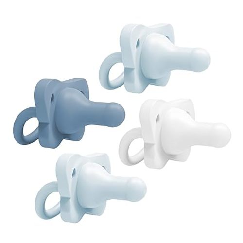 Dr. Brown's HappyPaci 100% Silicone Baby Pacifier, Contoured One-Piece Design, Light-Blue, Blue, White, 0-6m, BPA-Free, 4-Pack