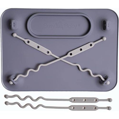 BUSY BABY Silicone Placemat-As Seen On Shark Tank-Built-in Suction Cups-4 Toy Tethers for Babies Toddlers and Kids-Food Grade Silicone-8.5 x 11 in-Comes with Travel Sleeve-Dishwasher Safe-Pewter