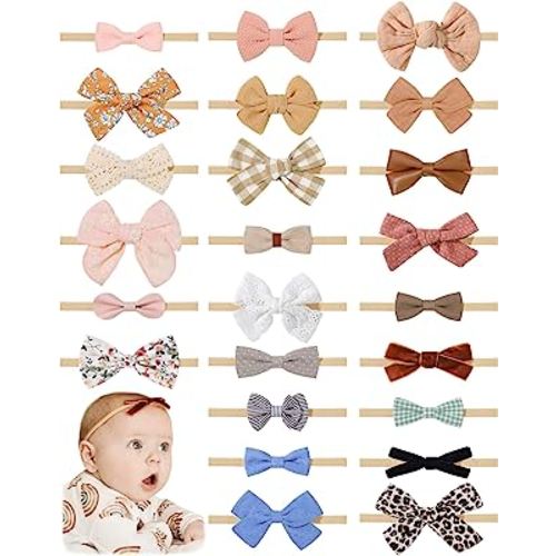 jollybows 24 PCS Baby Headbands and Bows Hairbands Soft Nylon Elastics Handmade Girls Hair Accessories for Newborn Babies Infant Toddlers Kids