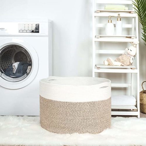 MINTWOOD Design Extra Large 22 x14 Inches Decorative Woven Cotton Rope Basket, Laundry Basket, Blanket Basket, Baby and Dog Toy Storage Baskets Bin, Kid Laundry Hamper, Towel Basket, Light Brown
