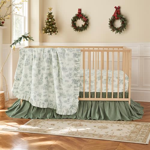 Brandream 3 Pieces French Country Toile Crib Bedding Set for Girls Vintage Green Toile Floral Print 100% Cotton Baby Girl Nursery Bedding Collection - Ruffles Quilt,Toile Crib Sheet,Crib Bed Skirt