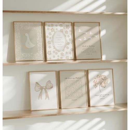 Beige Christian Nursery Gallery, Girls Room Decor Set of 6, Neutral Aesthetic Scripture Posters Digital Download