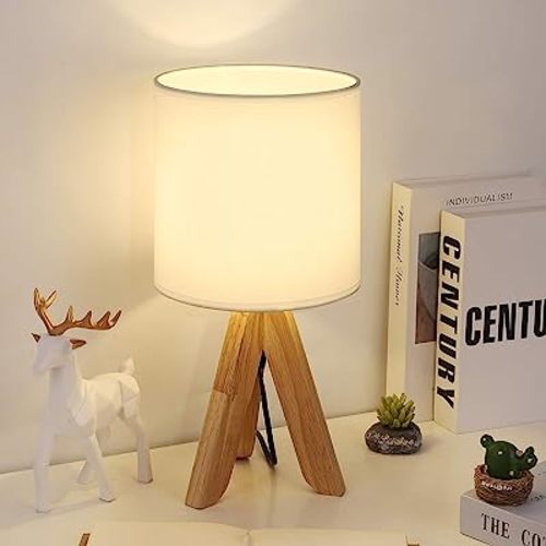 Small Table Lamp, Cute Kids Desk Lamp with Fabric Shade Wood Tripod Base Nightstand Lamp for Kids, Office, Study Room, Bedroom, Dorm, Coffee Table (White)