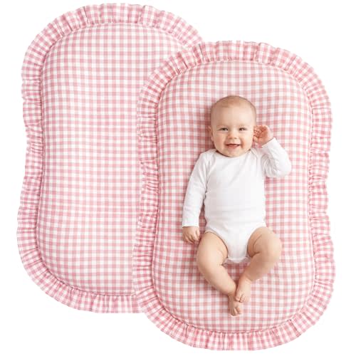 2 Pcs Gingham Baby Lounger Cover with Ruffle 100% Cotton Plaid Lounger Cover Baby Nest Slipcover for Boys Girls(Pink)