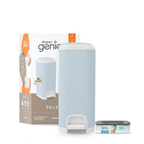 Diaper Genie Select Pail Registry Gift Set (White) | Made of Durable Stainless Steel Metal | Includes 2 Jumbo Refills | Holds 1620 Newborn Diapers