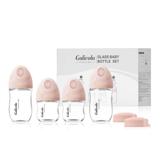 Natural Glass Baby Bottles Set 4 Pack, Newborn Boy Breastfeeding Bottles with Slow Flow Nipples, 0 Months+, 3 oz & 5 oz - Pink