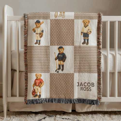Personalized Sports Teddy Bear Blanket Custom Vintage Style Bear Baby Gift Nursery Decor Bedroom Cozy Vintage Style Plaid Woven Blanket bear