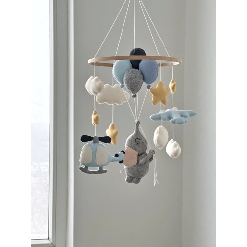 Baby boy crib mobile elephant airplane helicopter nursery decor baby shower gift adventure travel nursery theme hanging felt mobile