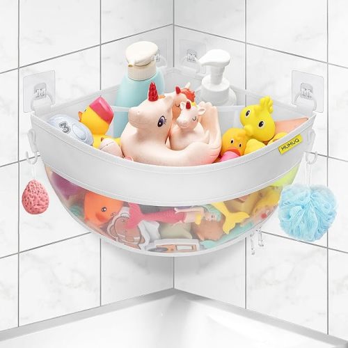 Bath Toy Storage Corner Wall Mounted, 4.32 Gallons Bath Toy Holder, Bottom Zipper Mesh Bathtub Toys Storage Organizer Bag, Quick Access Baby Shower Caddy Quick Dry Bathtub Toys Holder Accessory