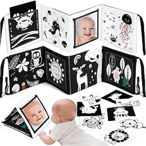 URMYWO Tummy Time Mirror Toys, Visual Stimulation Learning Cards, High Contrast Black and White Baby Toys for Newborn, Soft Baby Book for Infant 0-12 Months, Baby Boy Girl Shower Gift