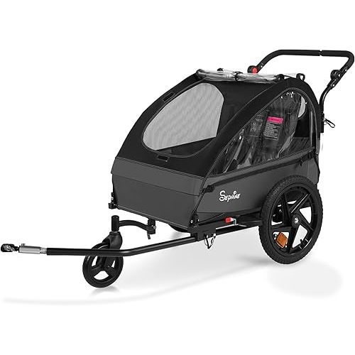 Sepnine Kids Bike Trailer, 2 in1 Canopy Carrier Converts to Stroller Suitable for 1 to 2 Kids, 12+ Months, Quick Attach to Bike, Foldable, with 5-Point Harness and Storage Bags