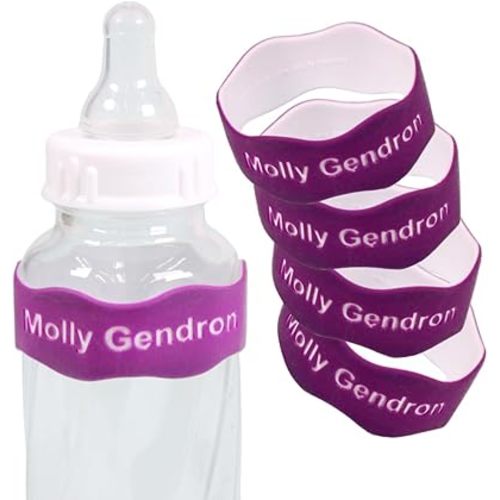 InchBug Orbit Labels - Baby Bottle Name Labels for Daycare, Sippy Cup Bands - Engraved Silicone, Reusable, Dishwasher Safe, White Contrasting Personalization, 4-Pack (Grape Juice)