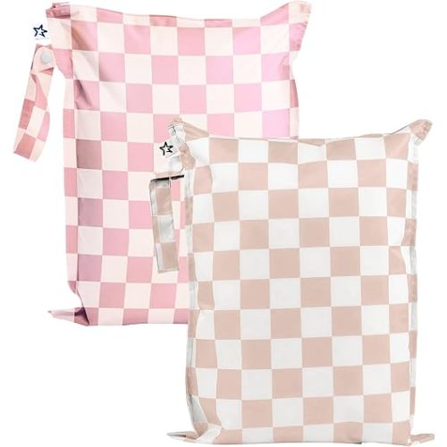Tiny Twinkle Mess-Proof Waterproof Wet Dry Bag | 2-Pack Reusable Wet Bags for Swimsuits & Baby Clothes | Leakproof Wet Bag for Travel & Diaper Changes for Baby (Pink, Brown Checkers)