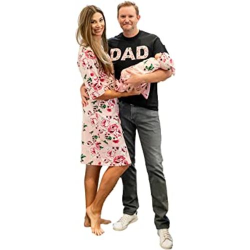 Baby Be Mine Maternity Nursing Delivery Robe & Baby Girl Swaddle Blanket Set with Daddy T-Shirt (Large/X-Large Robe -2X Large Tshirt, Amelia)