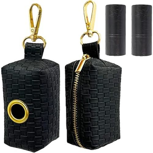 Dog Poop Bag Holder for Leash, 2 Pack Dog Poop Bag Dispenser Doggie Waste Bag Holder Leather Puppy Poop Bag Carrier, includes 2 Rolls Poop Bags - Fits All Dog Leash (Black)