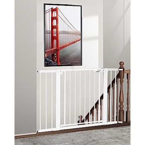 Newnice 29.7"-46" Safety Baby Gate for Stairs, Auto Close Pressure Mounted Pet Gate,Easy Walk Thru Dog Gate, Extra Wide Kids Gate for House,Kitchen,Doorway,Hallway, White
