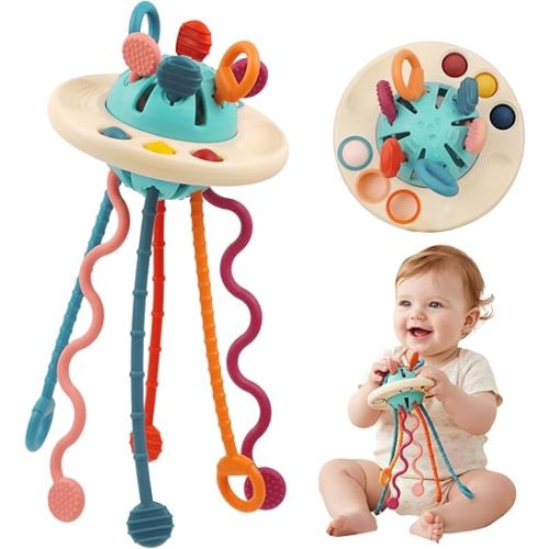 Fyxttalor Baby Toy for 12M+, Montessori Sensory Toy Play Set for Toddlers, UFO Pull String Toy in Stollers Educational Toy for Development Fine Motor Skills Gift for Boys& Girls