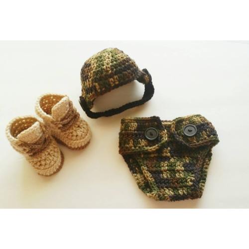 Crochet Baby Army Outfit, Newborn Army Costume, Baby Photo Prop, Knitted Cameo Hat, crochet booties, Baby shower Gift, Christmas gifts