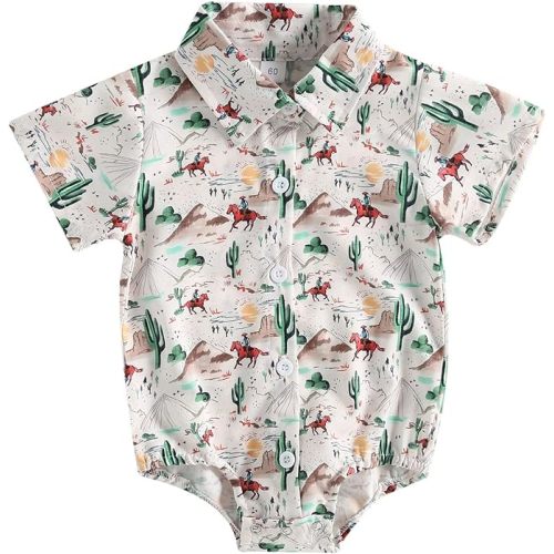 Gueuusu Western Baby Boy Clothes Cow Print Romper Short Sleeve Button Up Dress Shirt Bodysuit Country Cowboy Clothes - Creamy - 3-6 Months