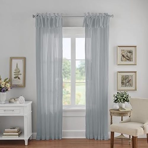 Elrene Home Fashions Jolie Crushed Semi-Sheer Window Curtain, Adjustable Tie-Top Single Panel, 52" x 84" (1 Panel), Soft Blue