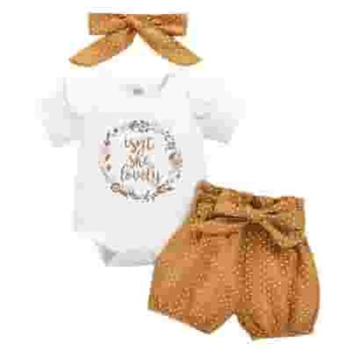 IBTOM CASTLE Newborn Baby Girls Coming Home Outfit Ruffle Romper Short Pants Headband Summer Clothes Set, 3-Piece 3-6 Months White